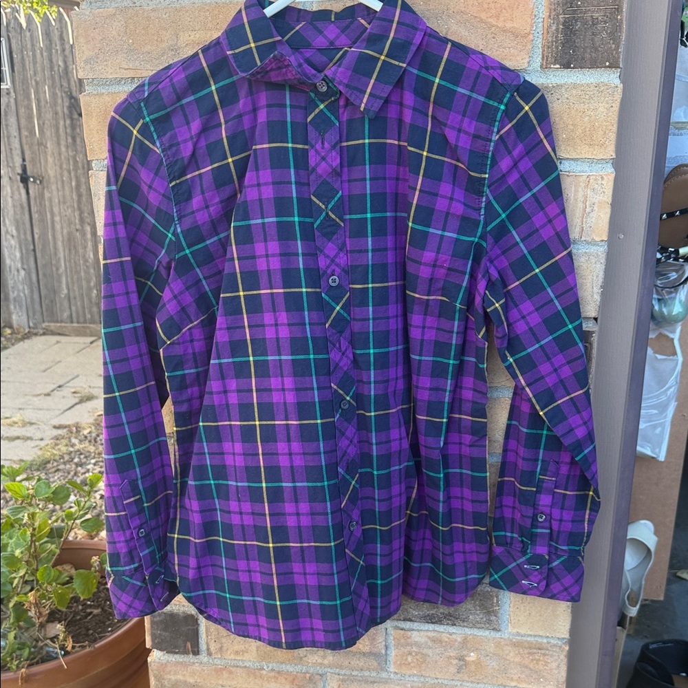 Talbots Purple and Green Plaid Women's Button Down Shirt